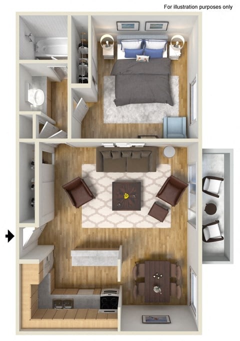 Floor plan for 1 bed, 1 bath, 740 sqft